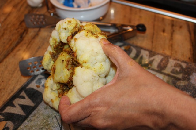 Insert stuffing mix between the florets