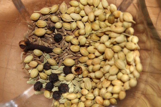 Whole spices: peppercorns, cloves, fennel, cumin and coriander seeds