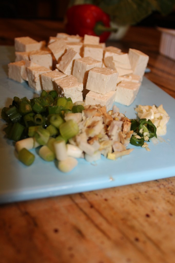 Cube tofu, mince garlic, ginger, green green chilies, and scallions