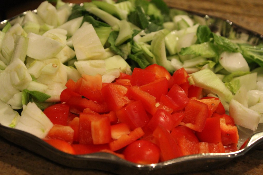 Chopped bok choy and red pepper